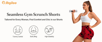 2pcs Women's High-Waist Tie-Dye Yoga Shorts - Seamless, Booty Lifting, Stretchy Nylon & Spandex Blend, Red & Grey