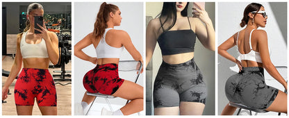 2pcs Women's High-Waist Tie-Dye Yoga Shorts - Seamless, Booty Lifting, Stretchy Nylon & Spandex Blend, Red & Grey