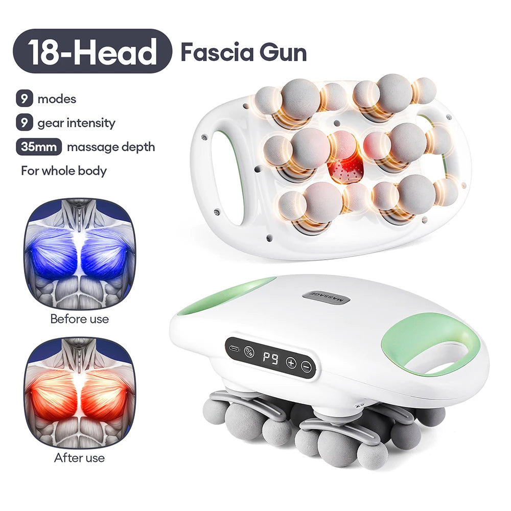 18-Head Fascia Gun High Frequency Vibration Deep Tissue Muscle Stimulate Muscle Fascia Body Massager Red Light Masajeador
