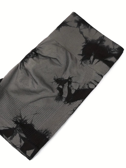 2pcs Women's High-Waist Tie-Dye Yoga Shorts - Seamless, Booty Lifting, Stretchy Nylon & Spandex Blend, Red & Grey