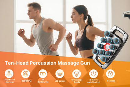 1pc Ten Head Percussion Massage Gun: USB Rechargeable, Deep Tissue Muscle Relaxation, 9 Intensity Levels, Silent